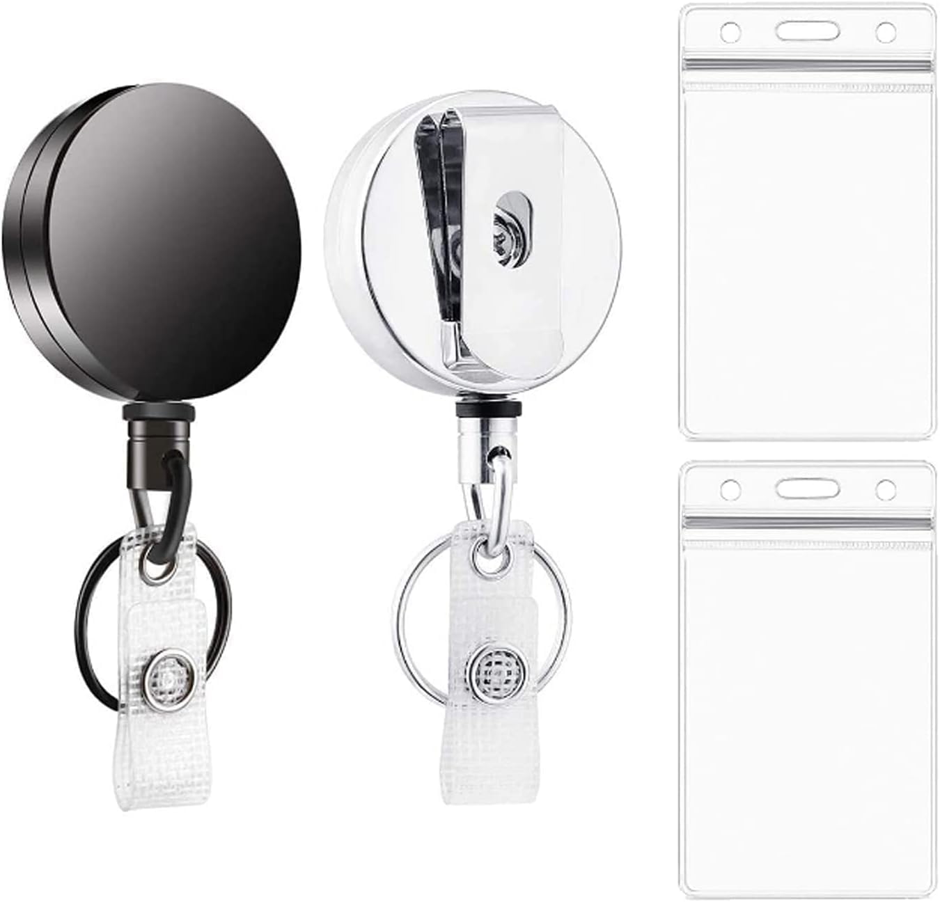 2 Pack Retractable Badge Holders with 2 Pcs Waterproof Transparent Card Holder,Heavy Duty Retractable Keychain with Belt Clip,Metal Badge Holder Retractable Clip with Retractable Steel Wire Cord