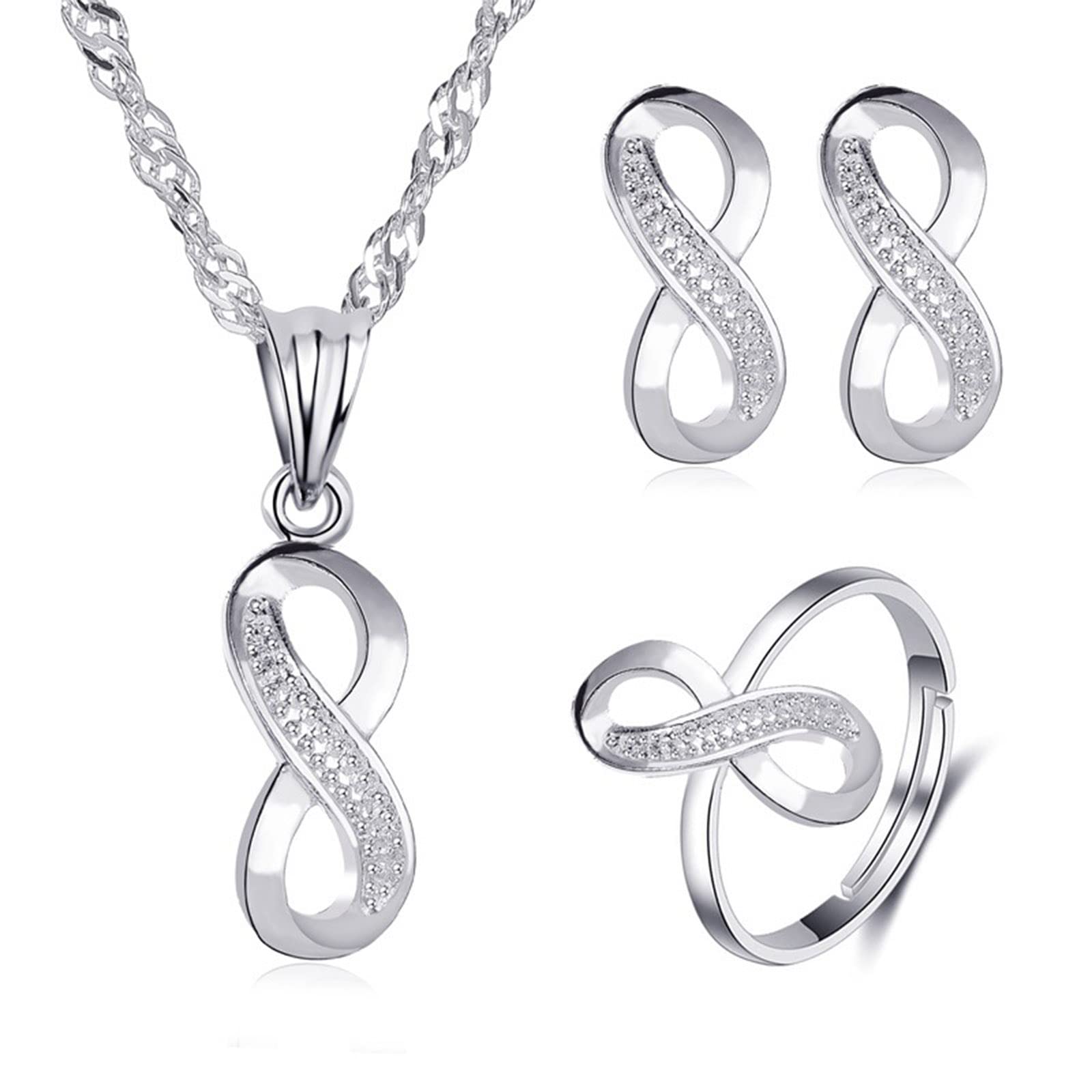Yienate Novia Infinito Amistad Cristal Joyas Conjunto Zirconia Rhinestone Infinito Colgante Collar Pendientes Anillo Conjunto De Plata De La Joyería De La Boda Para Las Mujeres Niñas