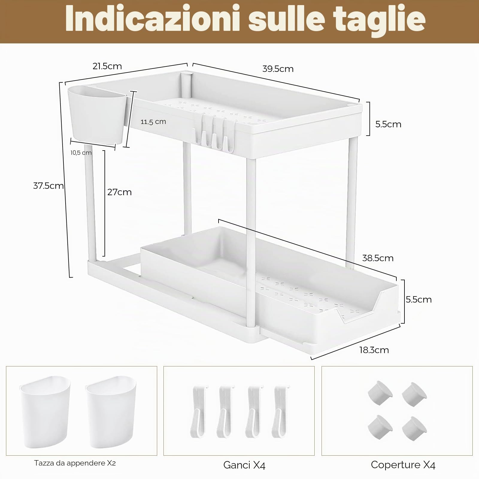 KOOSREEL Armadietto sotto lavello a 2 livelli, scorrevole organizer sotto lavello ripiano cassetto portaoggetti multifunzione per bagno, ripiano sotto armadio, ripiano per lavastoviglie - bianco