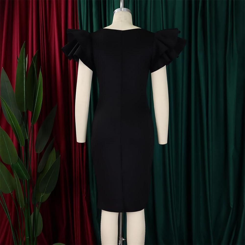 Plus Size Midi Pencil Dress for Women Elegant Ruffle Sleeve Round