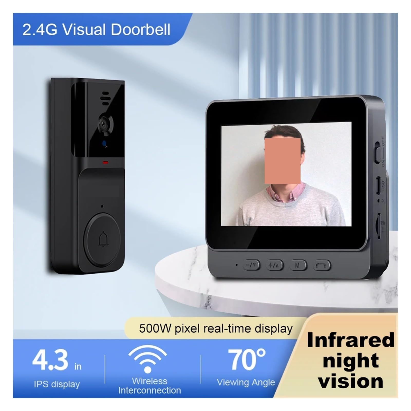 Sonnette vidéo sans Fil Wi-FI 2,4 GHz avec écran IPS de,3 Pouces, Vision Nocturne, for Appartement Familial Grand Angle