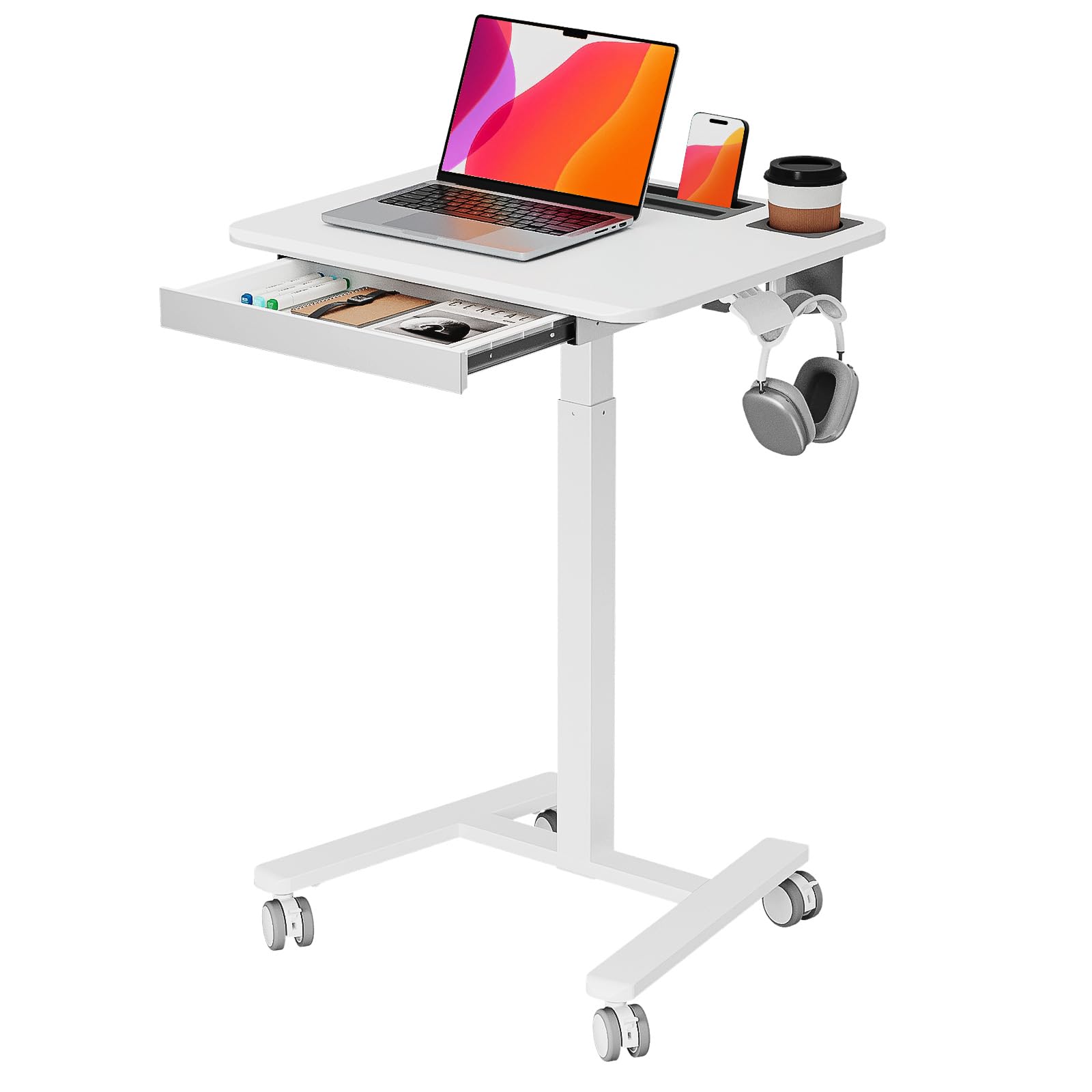 JYLH JOYSEEKER Small Mobile Standing Desk with Drawer, 23.6"x19.7" Rolling Laptop Cart on Wheels, Height Adjustable Sit Stand Computer Workstation