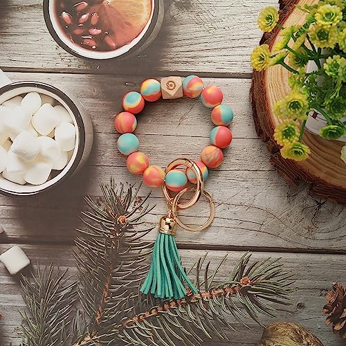 Coolcos Silicone Key Ring Bracelet For Women Portable Keychain Holder, Car Keychain Elastic Beaded Wristlet With Tassel (Rainbow Colorful) #TOP4