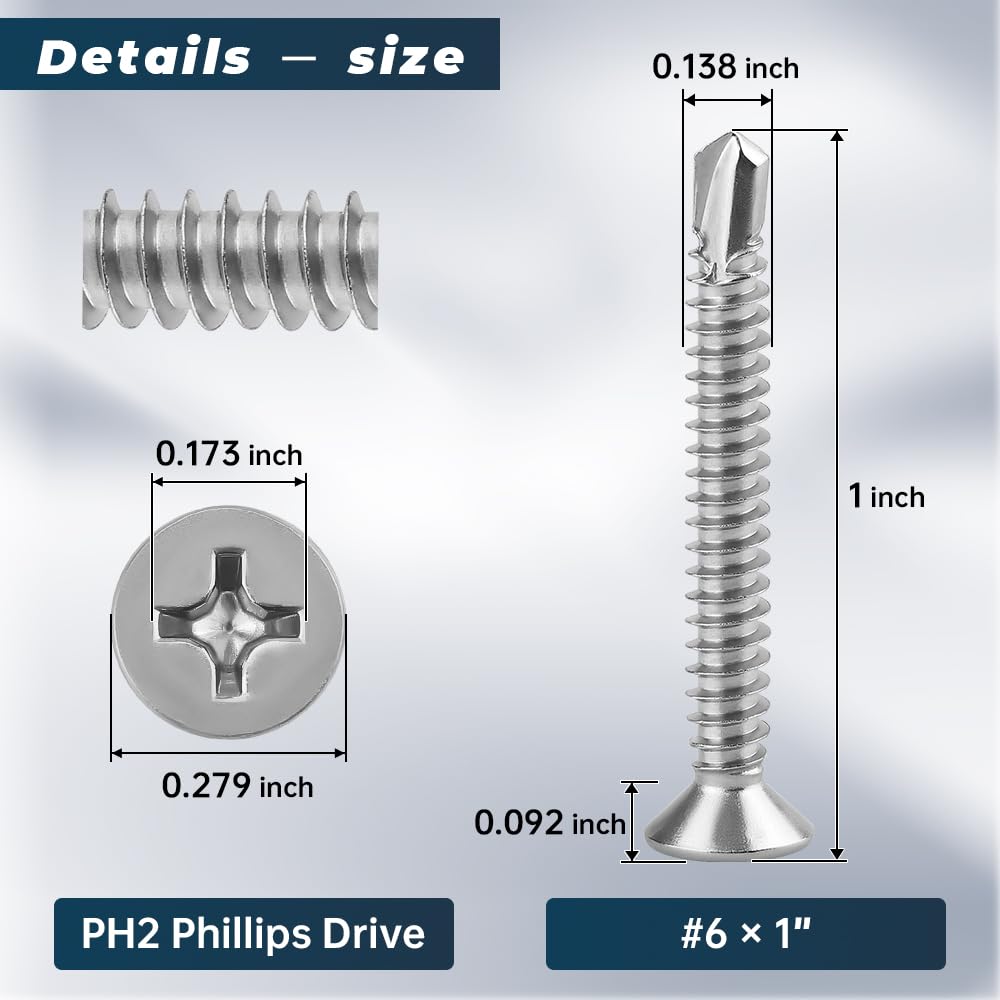 Glvaner 100pcs #6 x 1 Phillips Flat Head Self Drilling Screws, Stainless Steel 410, Flat Head Self Quick Self Tapping Screws for Sheet Metal Wood Plastic, Without Pre-drilled Holes