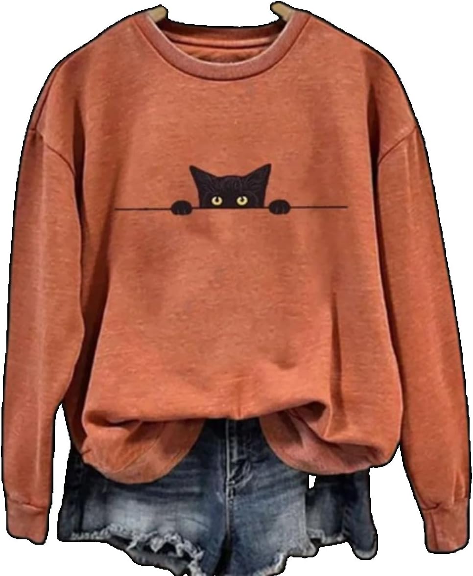 Faithgee Hold on I See a Cat Shirt Funny Cute Black Cat Print Animal Lovers Sweatshirt