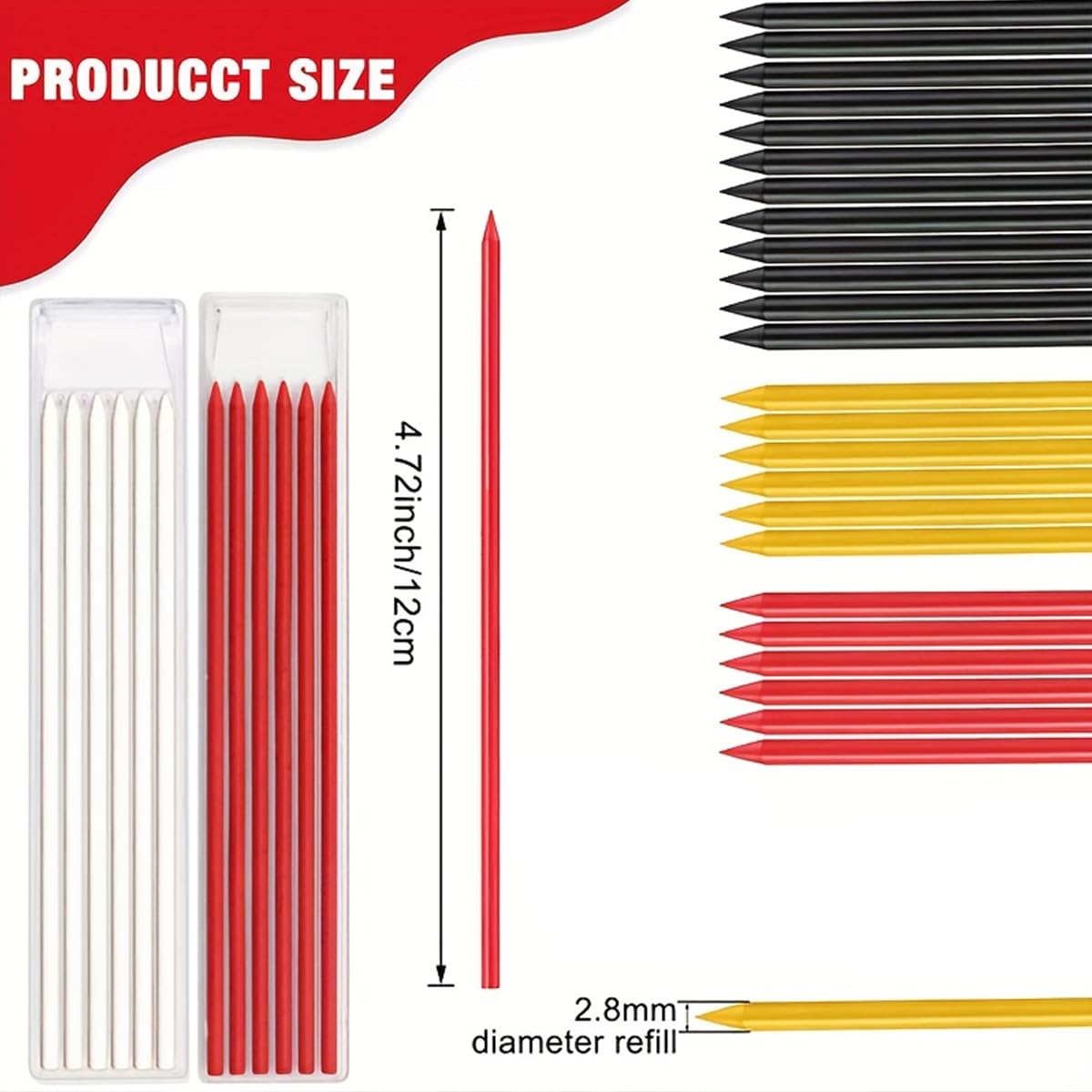 MROOFUL 36 ricariche per matite 2,8 mm mine da falegname con foro profondo solido per costruzione meccanica set rosso