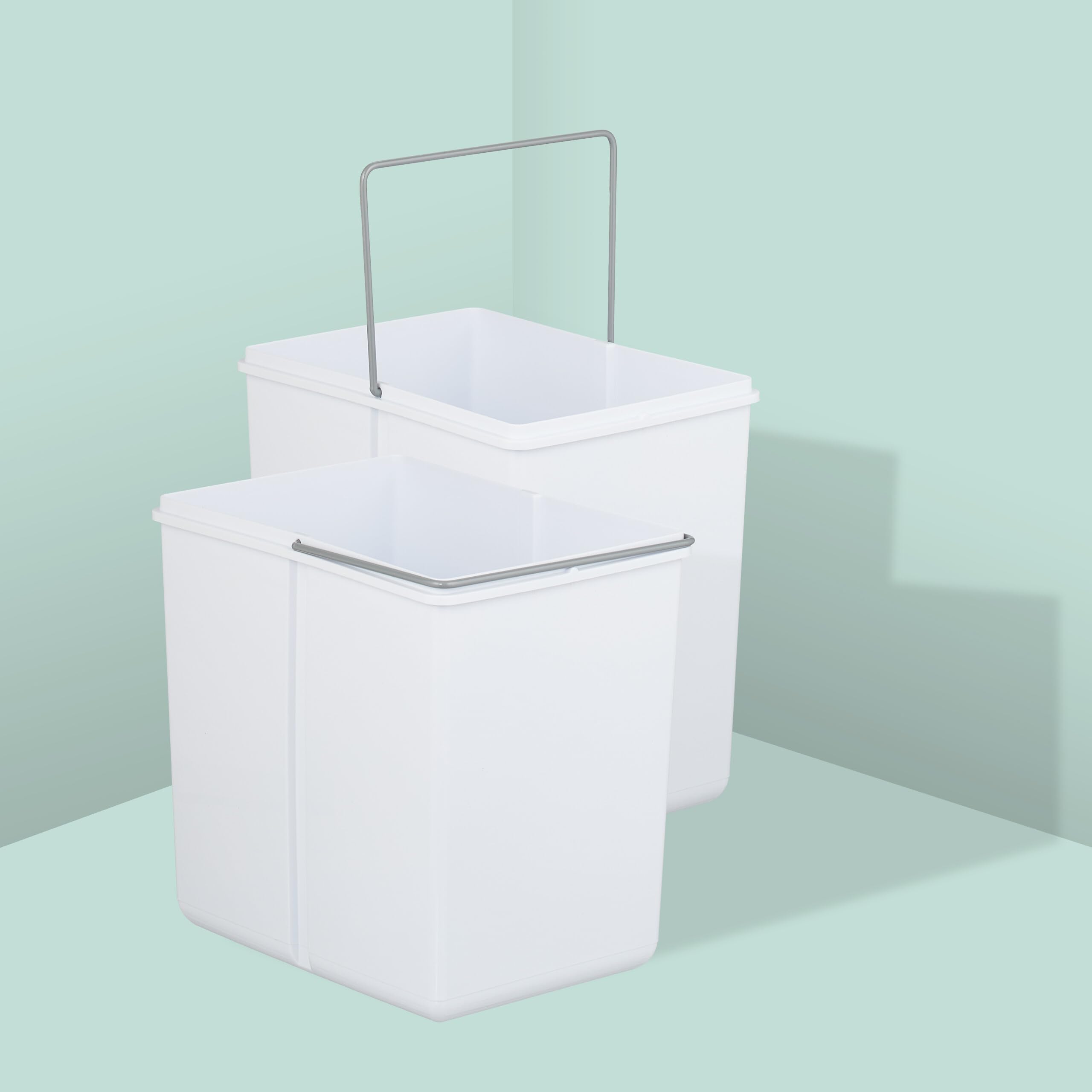 Relaxdays Kosz na śmieci do zabudowy, 2 przegródki, 2 x 15 l, wys. x gł.: 35,1 x 34,3 x 48 cm, wysuwany, system segregacji śmieci do szafki dolnej, biały