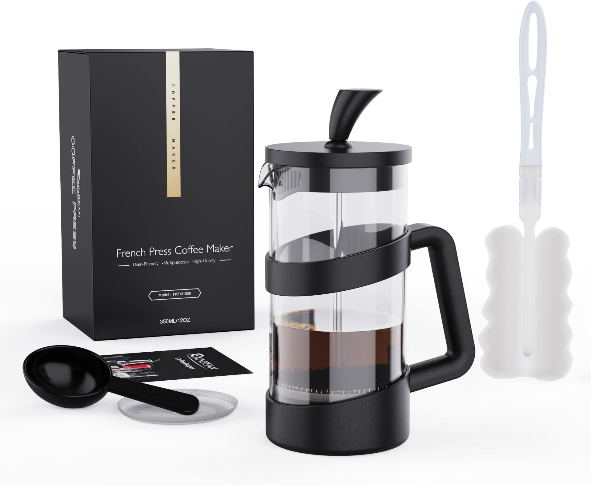 RAINBEAN 2 Cup Cafetiere Coffee Press French Press Maker for Filter Coffee Loose Tea and Milk Froth with Triple Stainless Steel Filter, Heat Resistant Borosilicate Glass 0.35 L / 12 oz