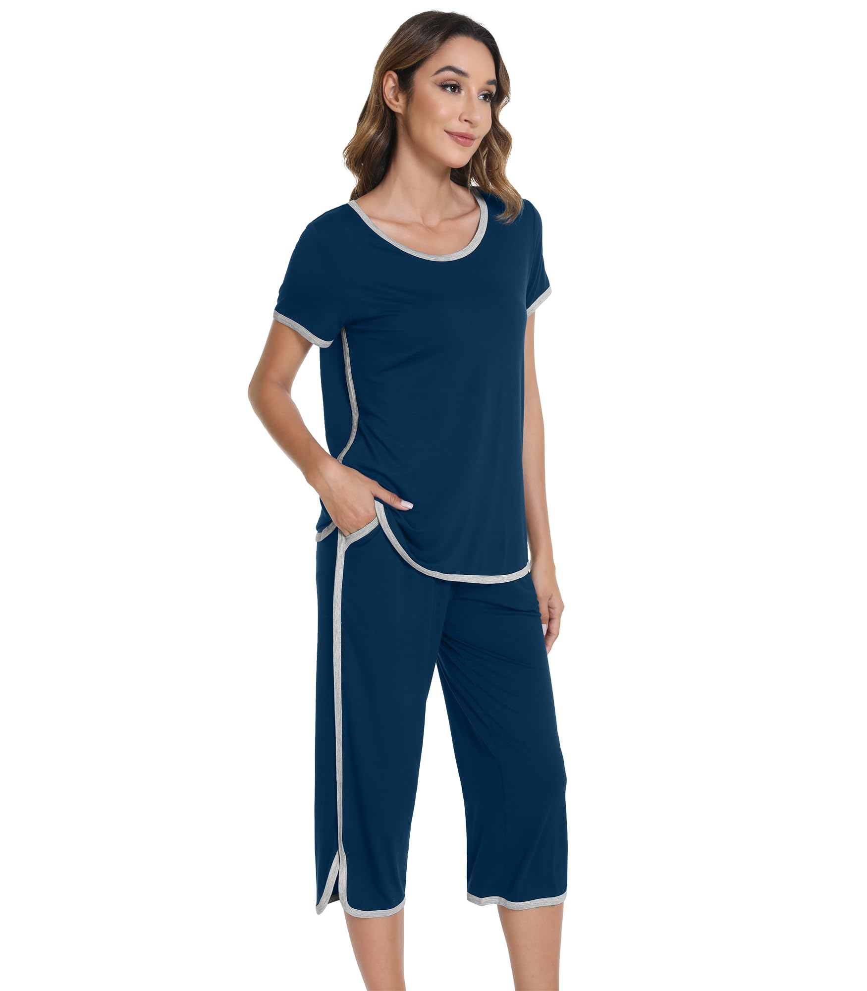WiWi Conjunto de pijama casual de viscosa de bambú de manga corta con capris y cuello redondo, tallas S-XXL