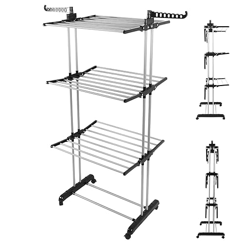 Rainberg Airer Clothes Drying Rack, Extra Large 4-Tier Capacity Foldable Clothes Drying Rack with Wheels, Adjustable Large Stainless Steel Garment Laundry Racks for Indoor Outdoor with Foldable Wings - Black