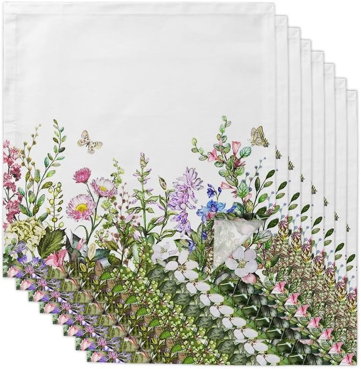 Watercolor Flower Herb Plant Table Napkins Cloth Set Soft Handkerchief Wedding Decoration Banquet Dinner(8pcs)