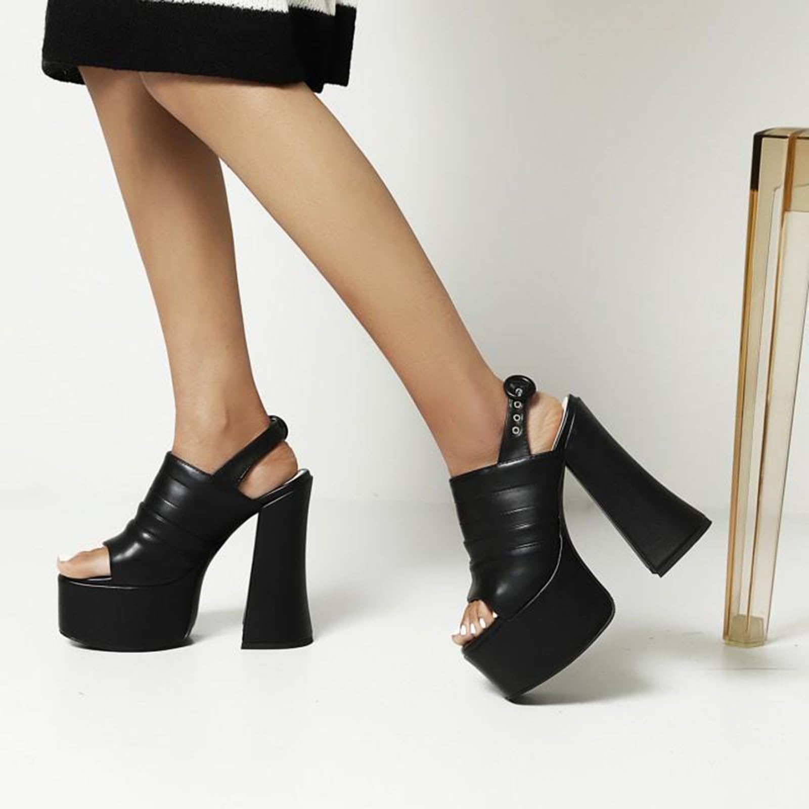Sandali da Donna con Plateau 15CM, Tacco Blocco Spesso, Punta Aperta, Cinturino alla Caviglia con Fibbia, Sabot con Tacco Alto, Scarpe da Festa e Club estive