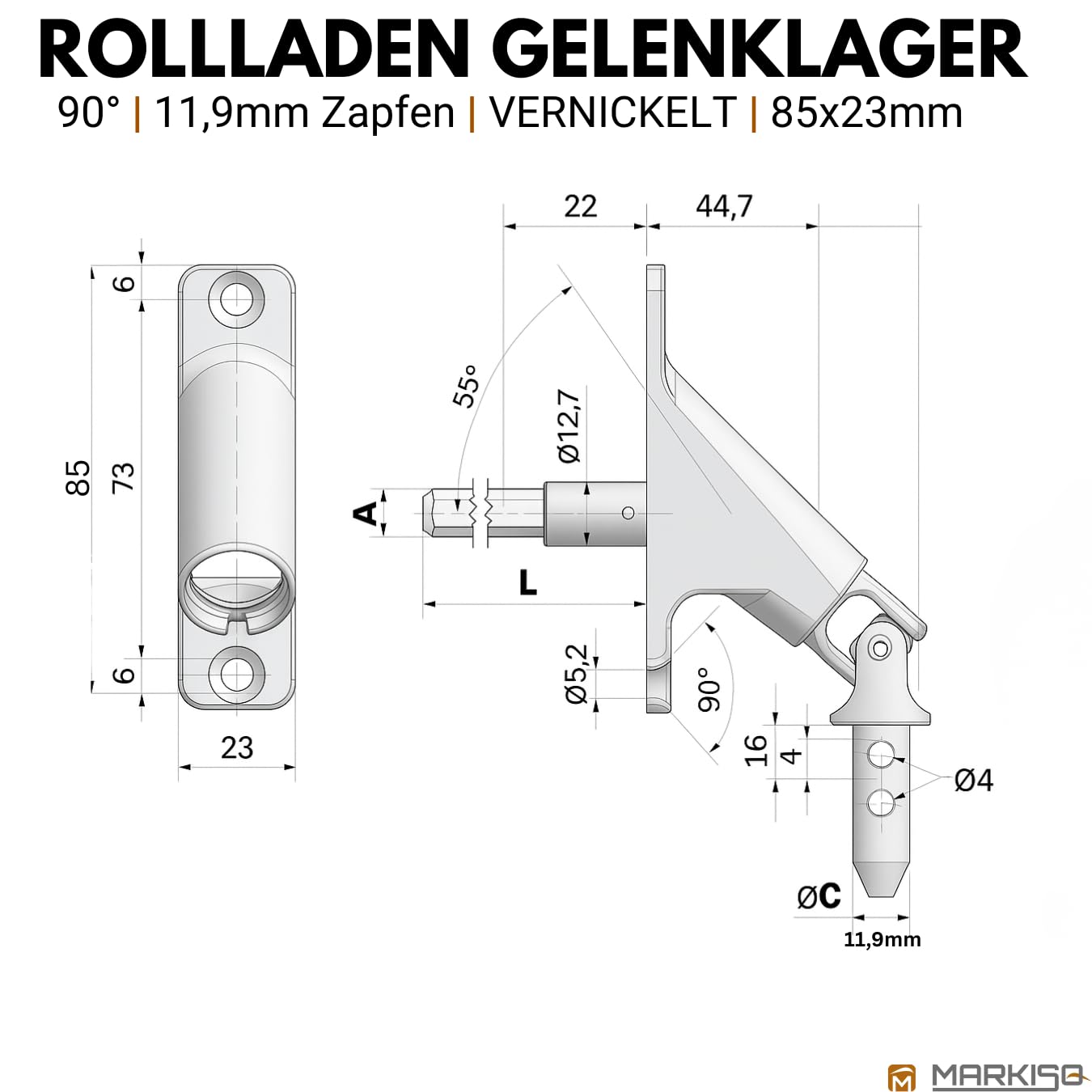 Rolladen Gelenklager 90° Lager Getriebe für Rolladen Rolladenlager Rolladen Kurbelgetriebe Gelenklager Kurbelgelenk Gelenkplatte Gelenkkurbel Rolladengelenk 90 Grad 23x85 mm 4Kant 6mm 12 mm Zapfen