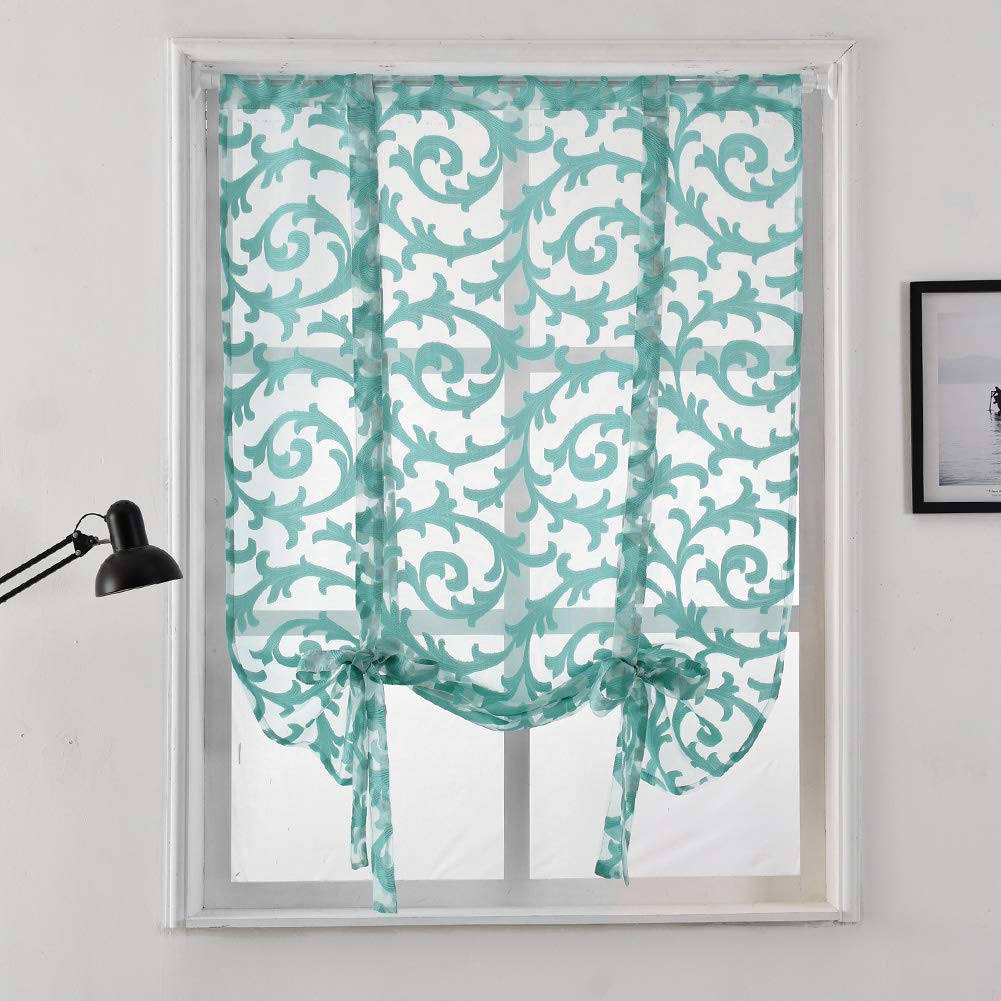 Tie Up Curtains, NAPEARL Jacquard Balloon Curtains for Kitchen Window, Ajustable Rod Pocket Sheer Curtain Valance for Bathroom Small Window, 1 Panel ( 42W x 63L, Teal )