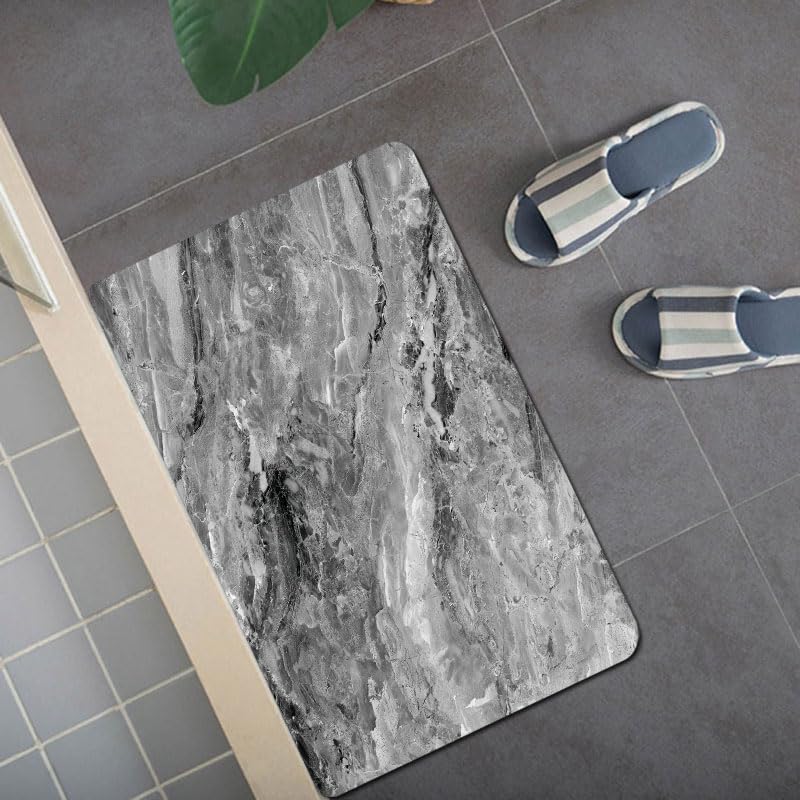 Badgarnitur 3 Teilig Badezimmerteppich Waschbar Badematte rutschfest,Wc Vorleger Mit Ausschnitt Und Badematte, Badvorleger Toilette Teppich 45X75Cm Grauer Marmor – Bild 4
