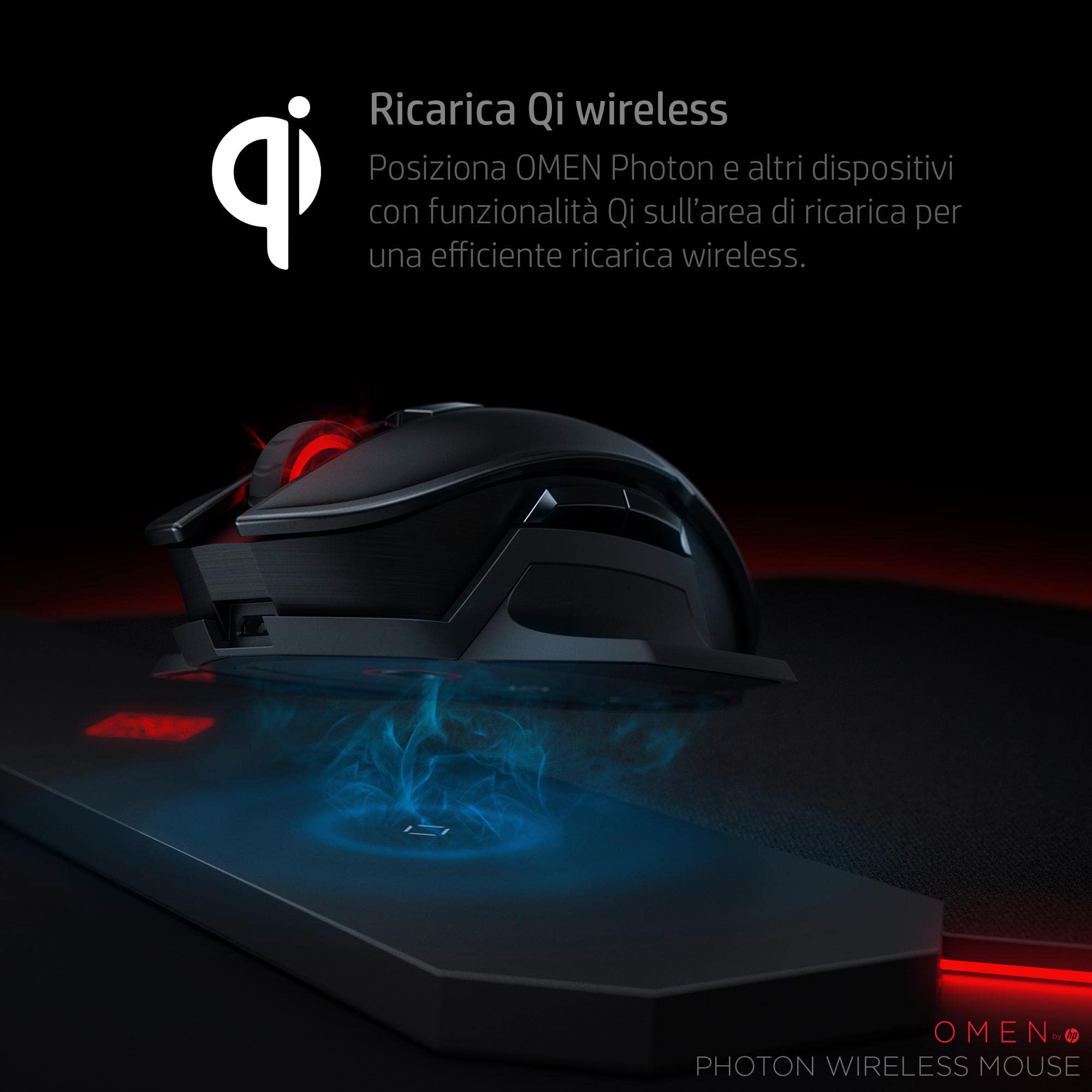 HP OMEN Mouse Photon, Wireless, Ricarica Qi Wireless, 11 Tasti Programmabili, Tempo Risposta 0.2 ms, DPI da 100 e 16000, Sensore Ottico PixArt PAW3335, LED RGB Personalizzabili, Nero