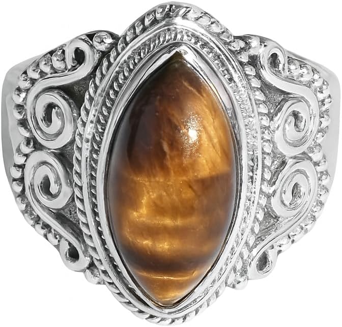 Natural Tiger Eye Brown Stone 925 Sterling Silver Handmade Boho Stacking Ring Gift Jewelry For Wife Mom Girlfriend