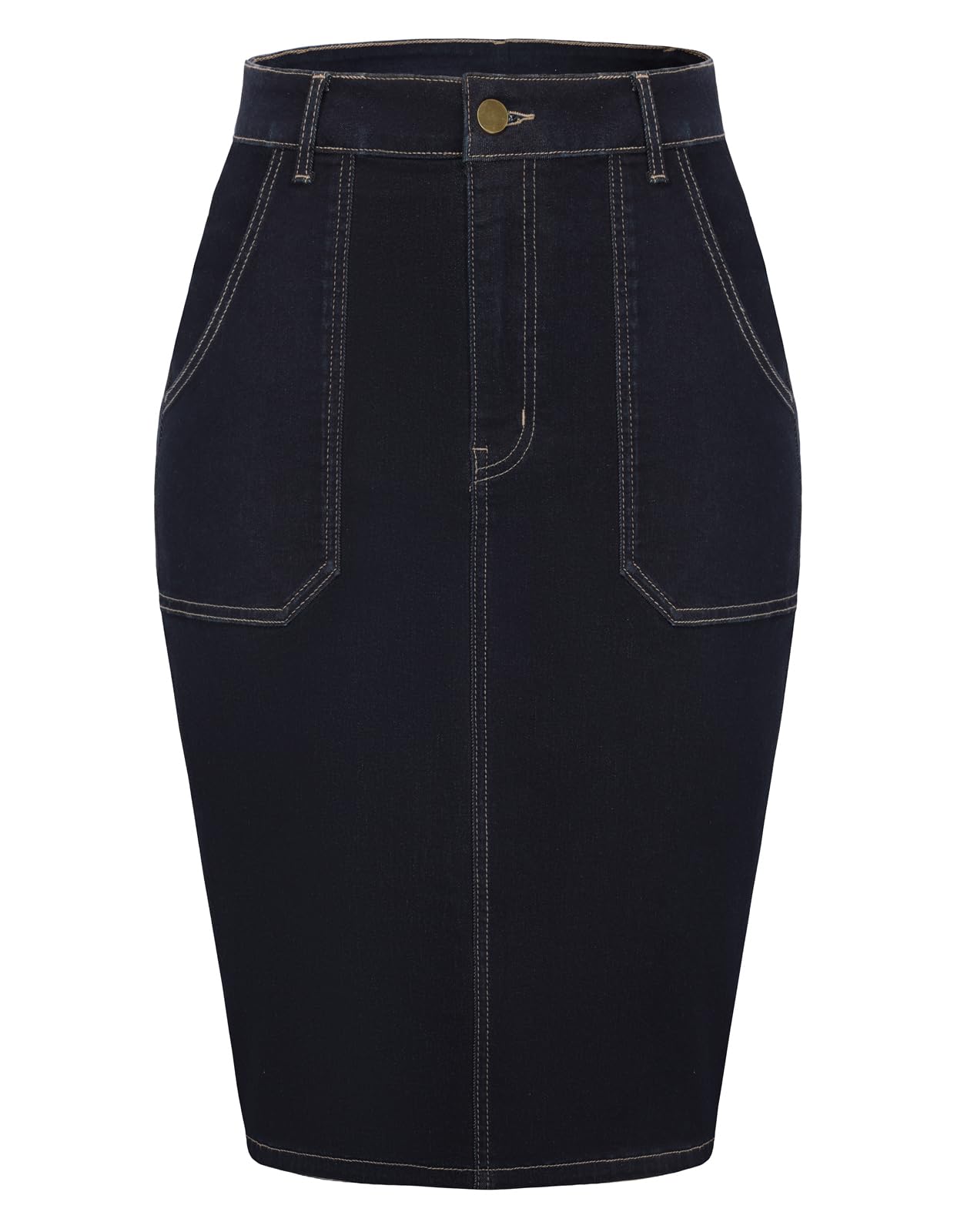 Belle Poque Womens Denim Skirt Stretchy High Waisted Below Knee Length Jean Skirt with Pockets Spring Summer Trendy