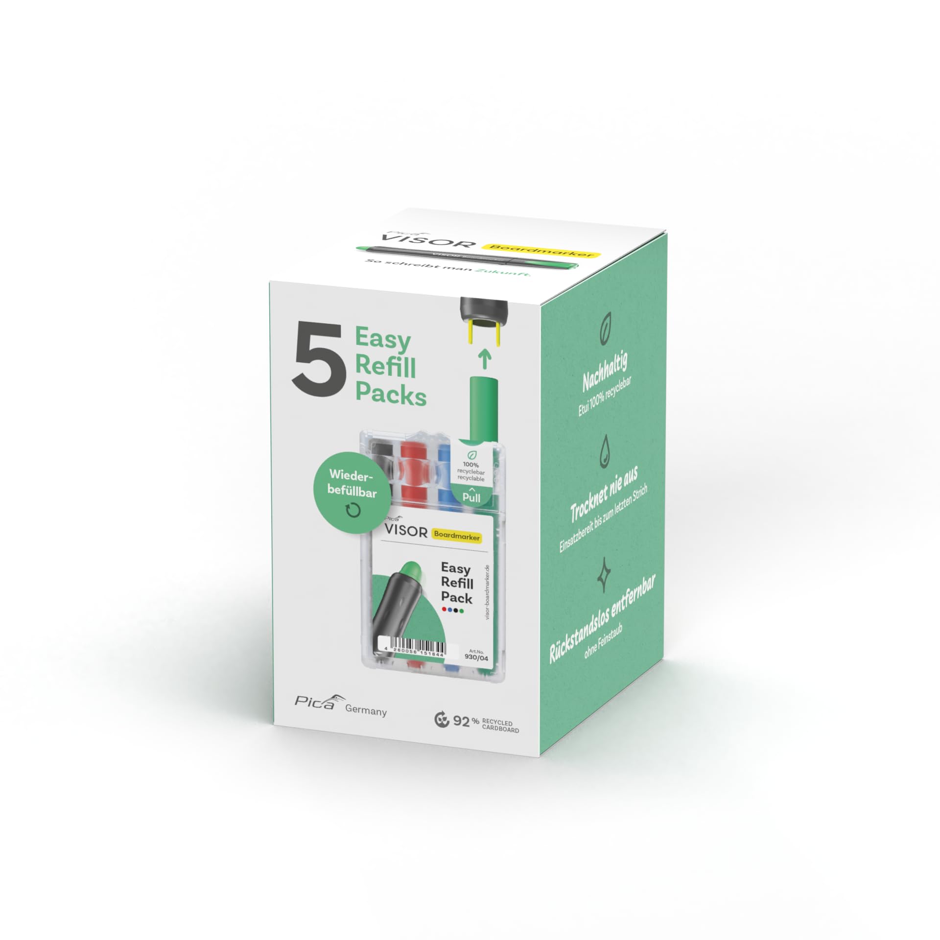 Pica Visor - Juego de 5 rotuladores para pizarra (5 unidades, 5 estuches de 4 minas, minas de gel sostenibles y ecológicas, nunca se seca, se pueden quitar sin dejar residuos, para pizarras blancas