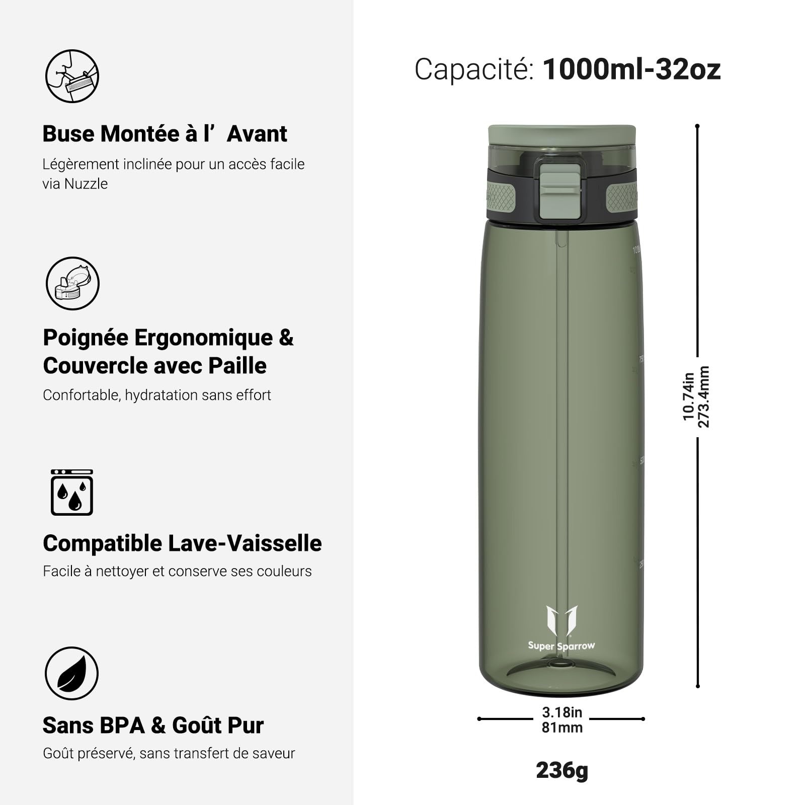 Super Sparrow Gourde avec Paille - TouchSip Bouteille d'eau - 500ml/750ml/1L - Tritan Sans BPA - Idéale pour le Sport, l’École et les Activités en Plein Air