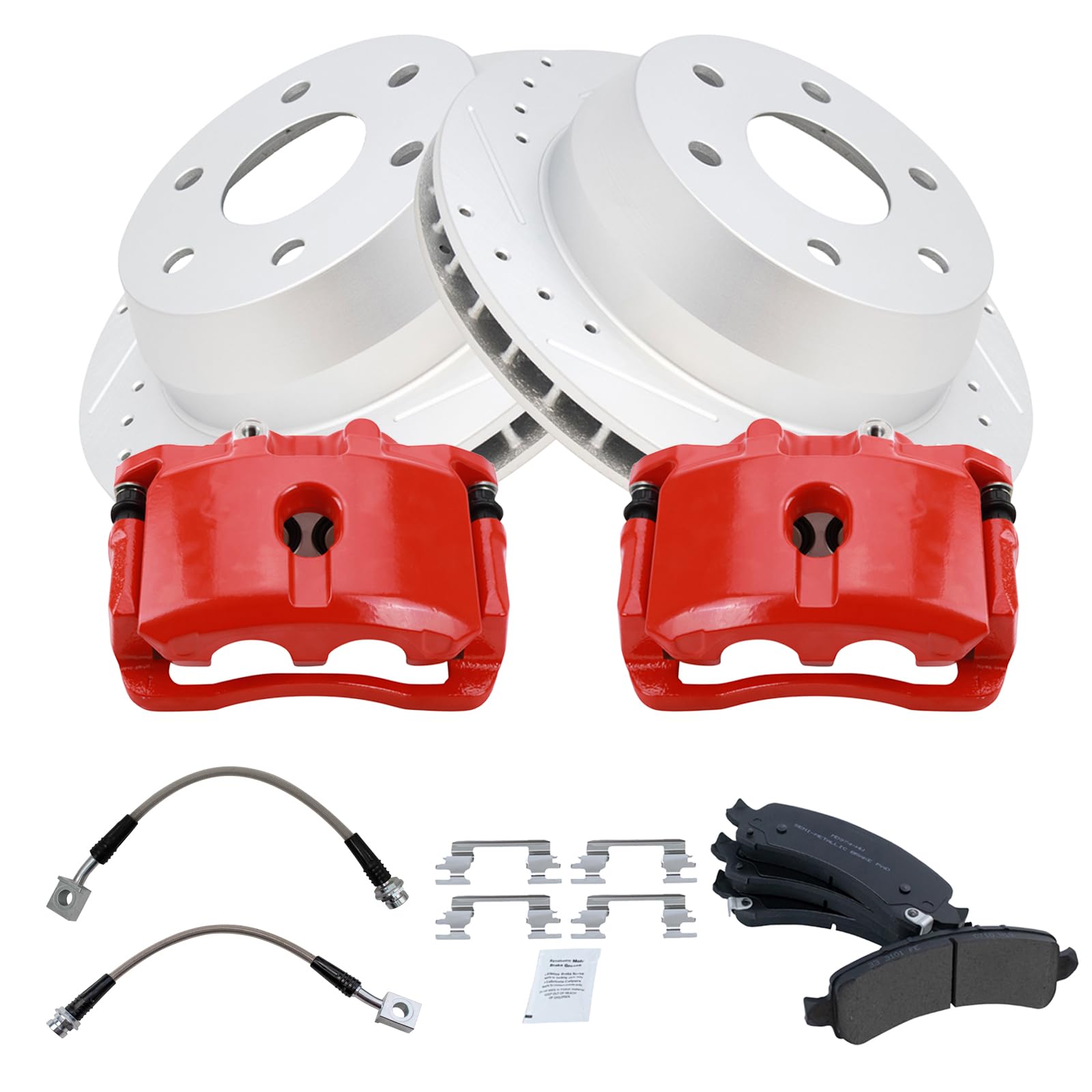 TRQ Performance Rear Brake Pad and Rotor Set Semi Metallic Coated Rotors Calipers Compatible with 02-06 Cadillac Escalade Chevrolet Avalanche 1500 Suburban 1500 Tahoe GMC Yukon 03-06 Yukon XL 1500
