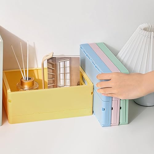 Miniatura 4 de TRZZ Paquete de 2 mini cajas organizadoras de plástico plegables de plástico, contenedores apilables lindos para oficina y hogar, dormitorio, baño y