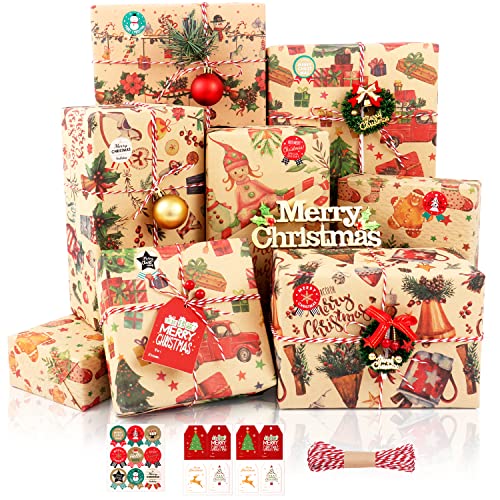 Papel de regalo de Navidad, 8 hojas de papel de regalo de papel de estraza - Lindo diseño de dibujos animados, juego de papel de Navidad con pegatinas y cuerdas de papel para regalos decoración de
