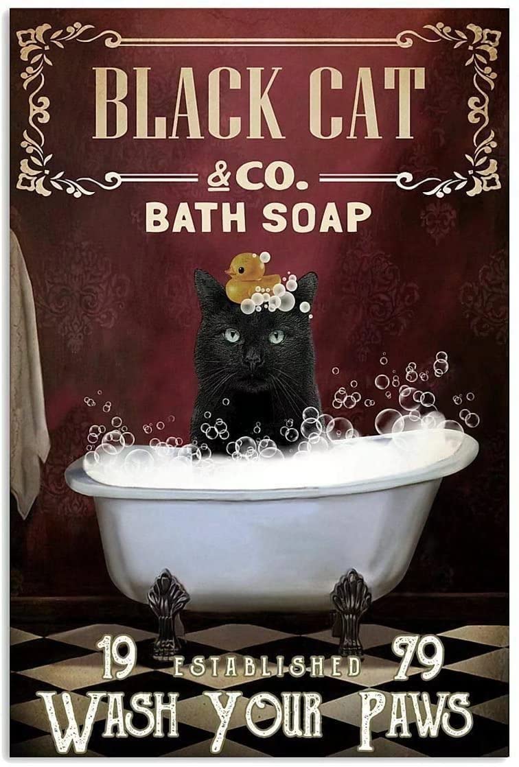 Black Cаt Bath Soap Metal Signs, Fun Poster For Bar Kitchen Cafe Farmhouse Wall Decor 8x12inch
