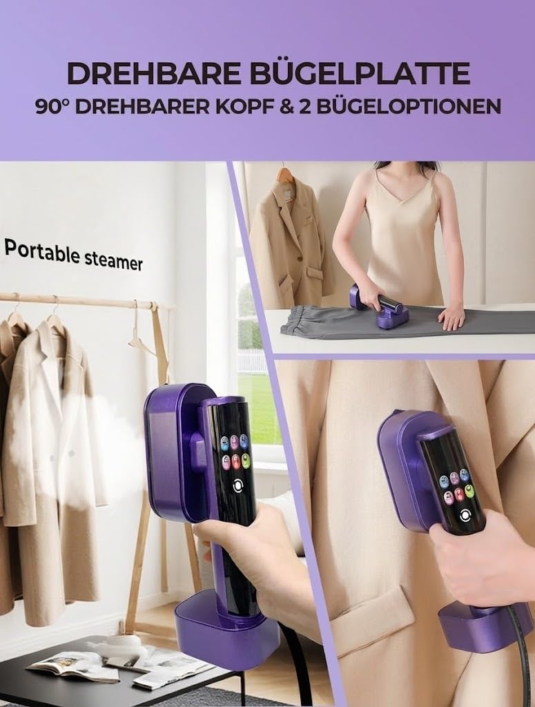Steamer Dampfglätter, 1300W tragbares Dampfbügeleisen, 2-in-1 Handbügeleisen, 15s Schnellaufheizung, 190ml Wassertank, 6 Modi (5 Dampf+1 Trocken), mit LED-Display, für Zuhause, Reise & Urlaub