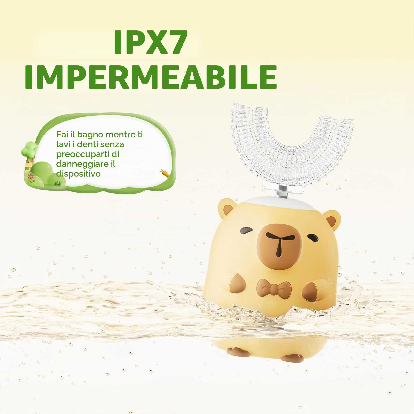Spazzolino elettrico per bambini a forma di U - Capibara con 6 testine per pulizia completa della bocca, spazzolino automatico per bambini, con impermeabilità IPX7 (Capybara, 2-14 anni)