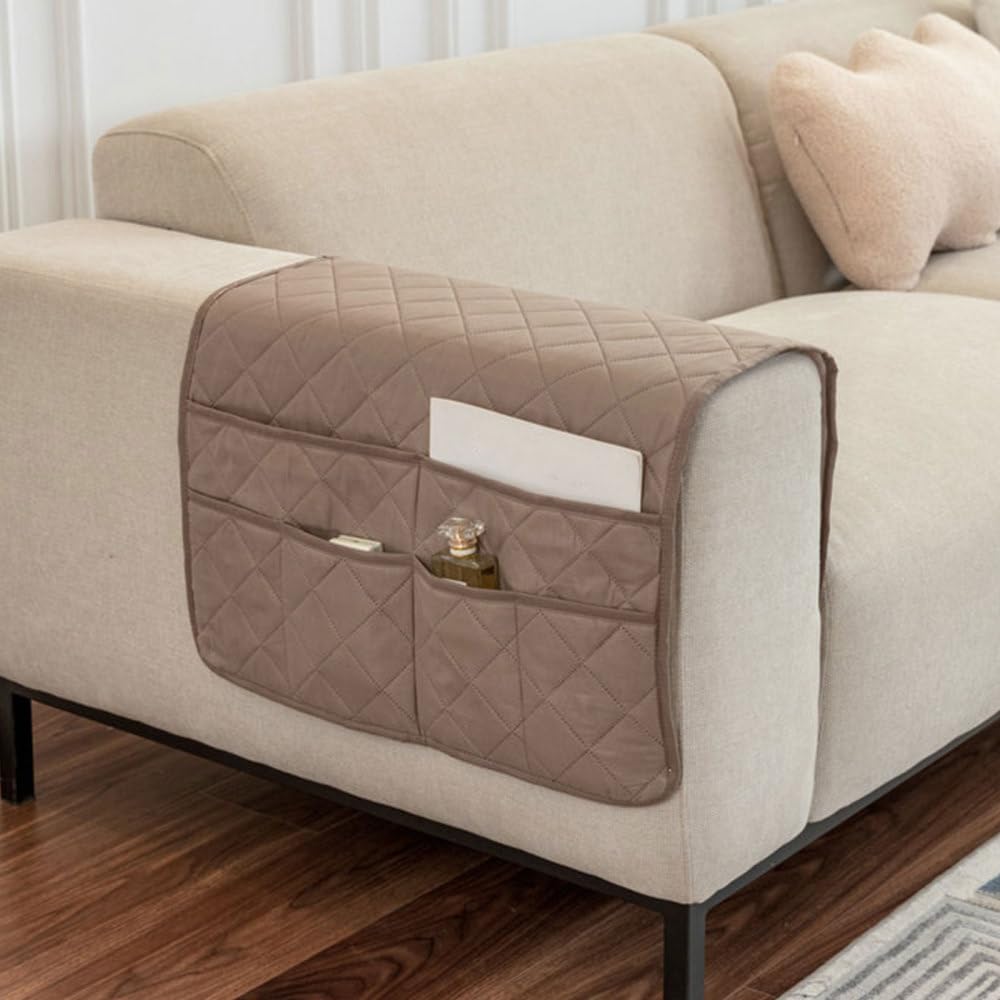 Bdkmms Khaki Sofa Armrest Organizer, Non Slip Recliner Caddy With Multi-Pocket Design, Soft & Breathable Sofa Armchair Caddy For Tv Remote, Phone, Magazine