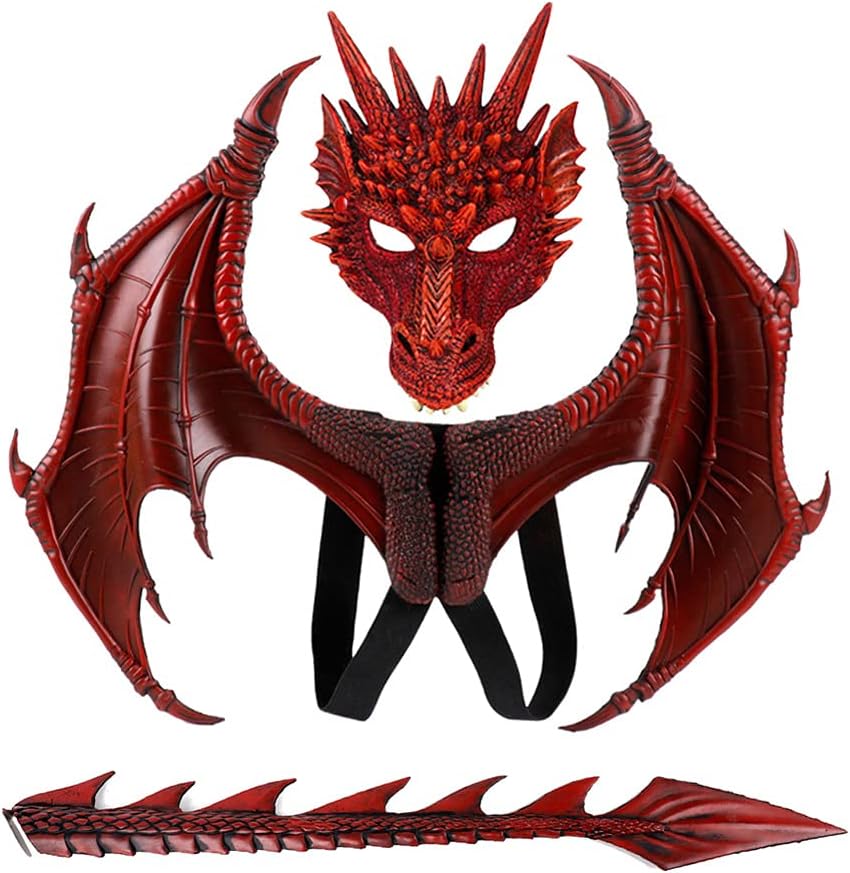 CRTEPST Dragon Costume for Kids Boys Girls, Dragon Wing Tail Mask Set,Halloween Dinosaur Cosplay Set for Child