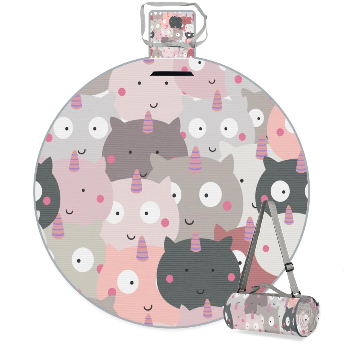 Shimoshe Cute Unicorn Picnic Outdoor Blanket Foldable Waterproof Sandproof Beach Blanket Portable Water-Resistant Round Picnic Mat for Travel Camping Park Lawn