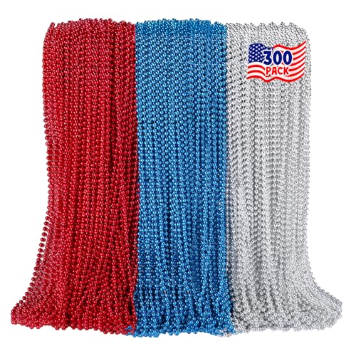 skaqwuan 300PCS 4th of July Accessories Patriotic Bead Necklaces 33inch Red Blue Silver Necklaces Bulk 4th of July Decorations for Parade Party Favors Veterans Day