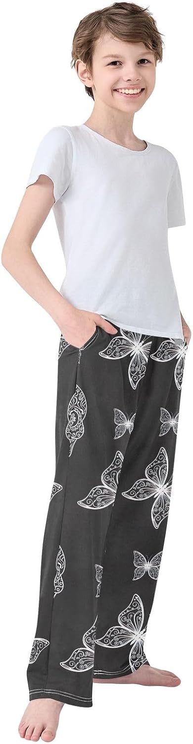 Black White Skull Butterfly Pajama Pants Soft Modal Lounge Sleepwear with Elastic Waist Pockets