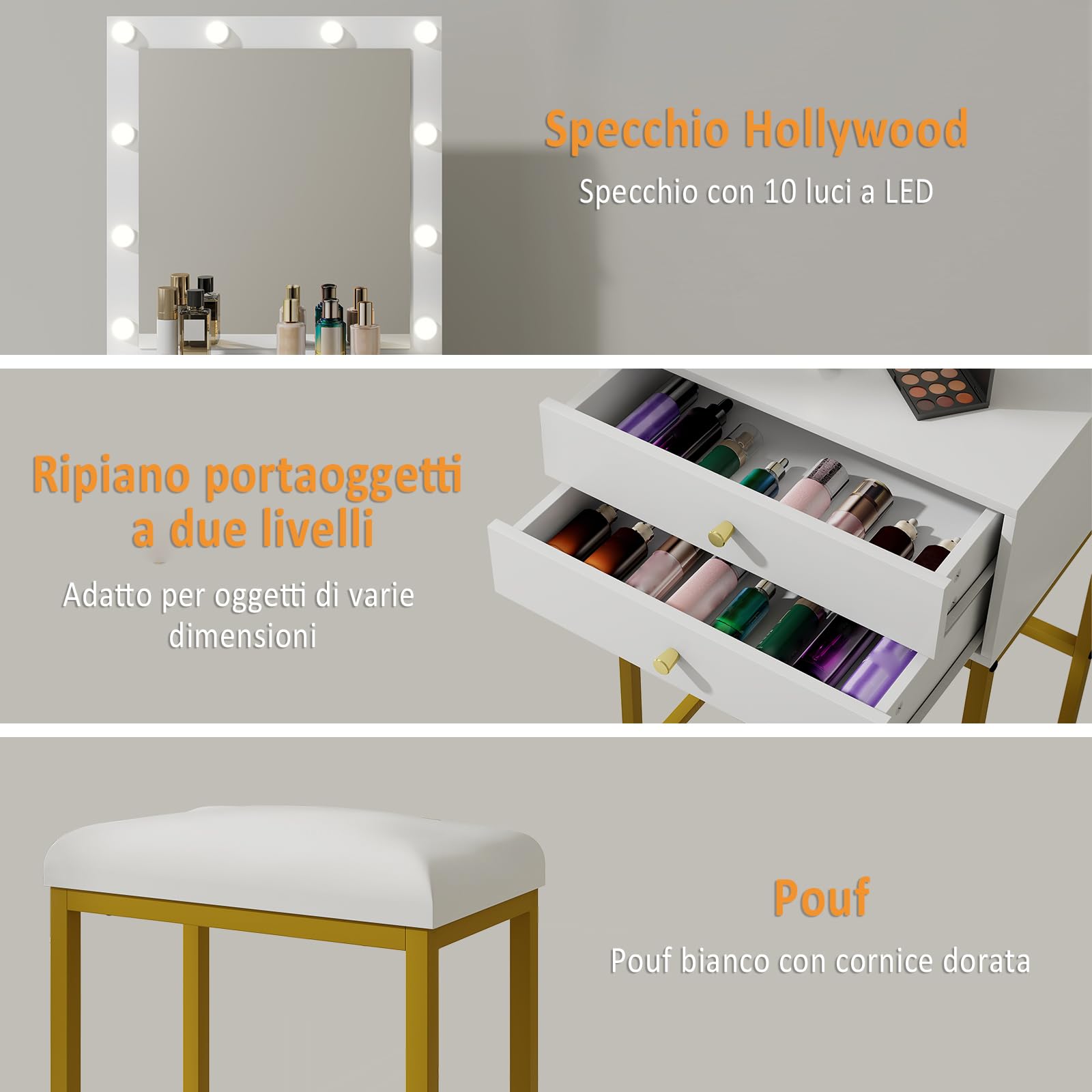 YU YUSING Toeletta Trucco con 10 Luci LED, 3 Colori, Tavolo da Trucco con Specchio e Sgabello, 2 Cassetti e 1 Ripiani Aperto, Supporto per Asciugacapelli, Postazione per Camera da Letto Soggiorno, Oro