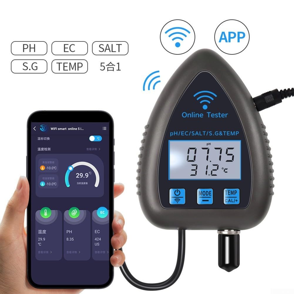 Monitor de pH WiFi 5 en 1 para Tuya Smart, medidor de calidad del agua con salinidad/temperatura/peso específico, electrodo BNC, calibración automática para acuario/hidroponía/estanque, negro (WF9951)