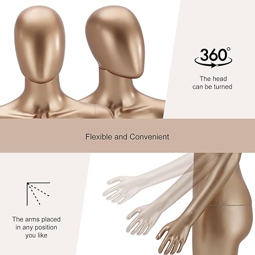 Miniatura 3 de Maniquí femenino para vestido de cuerpo completo - 70" Maniquí realista con rotación de cabeza y brazo con base de metal (Oro mate)