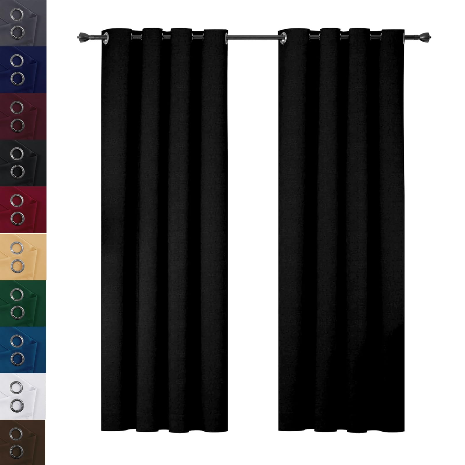 100% Rideau Occultant 2 Pièces 70 x 240 cm en Polyester, Élégants et Opaques, Rideau Fenetre pour Toutes Les Saisons, avec Noir Doublure, pour Cuisine Chambre, Noir