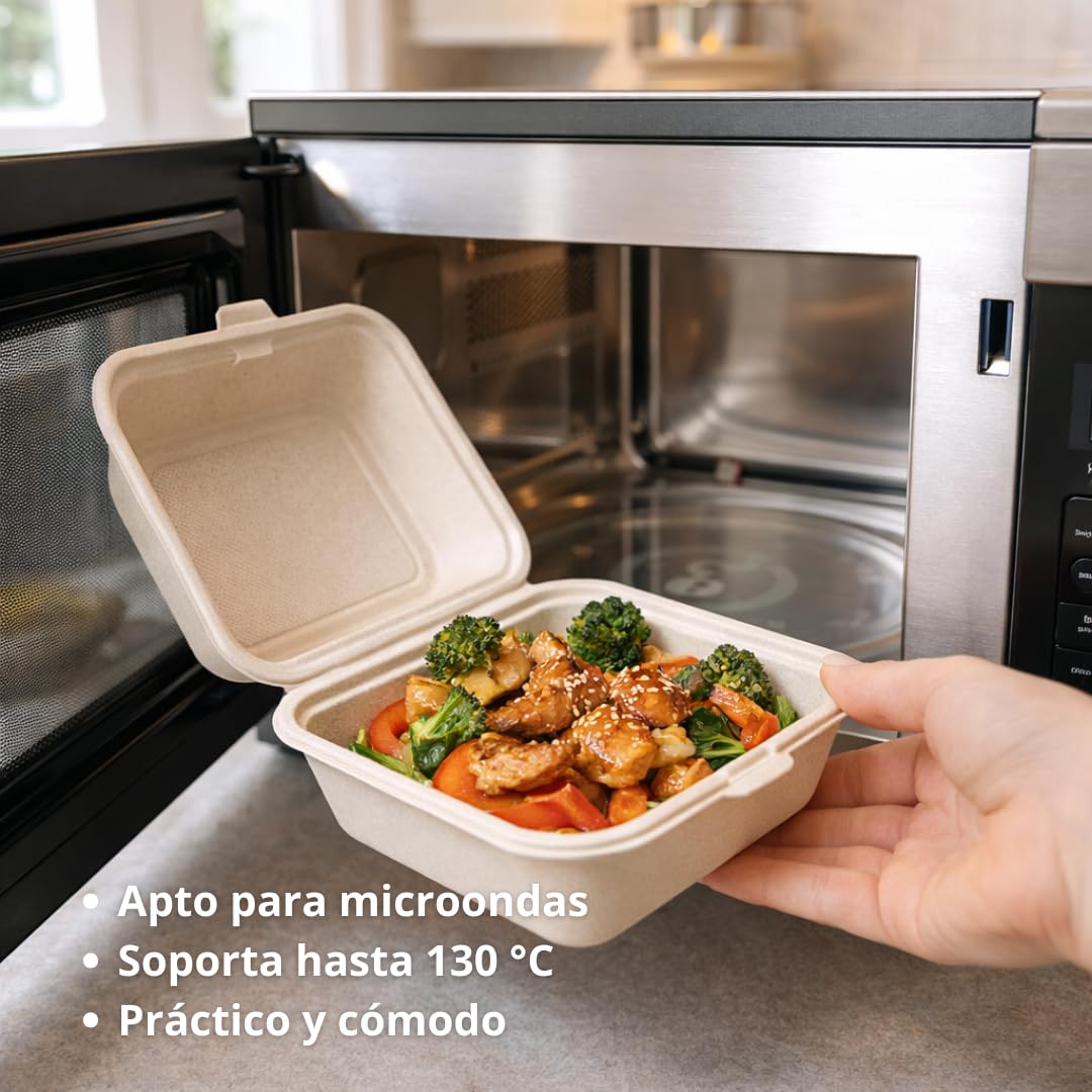 Envases Desechables para Alimentos 500 ml Pack 50 Unidades | Tupper Desechables Biodegradables con Tapa 152x152 mm | Cajas Comida para Llevar Aptas Microondas y Horno (50)