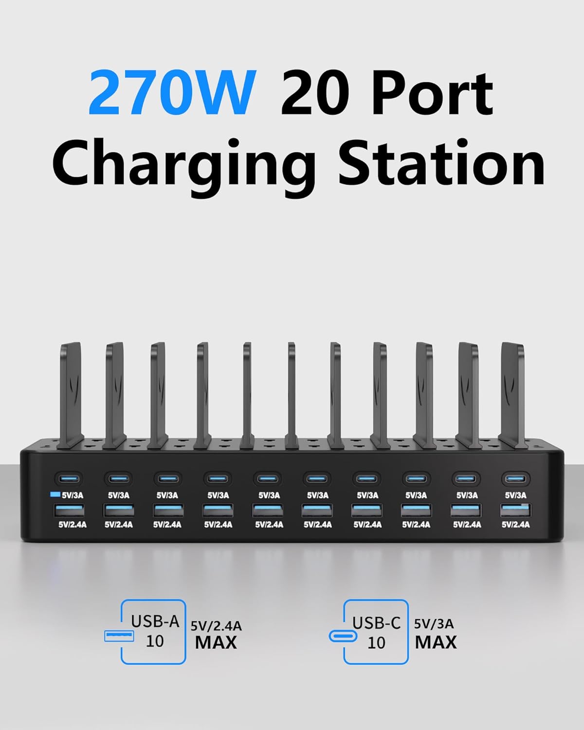 270W Charging Station for Multiple Devices, 20-Port USB Fast Charging Station with Adjustable Dividers & 10 Cables, Multi Device Organizer Charging Dock for iPhone, iPad, Tablets & More(Black) - Image 2