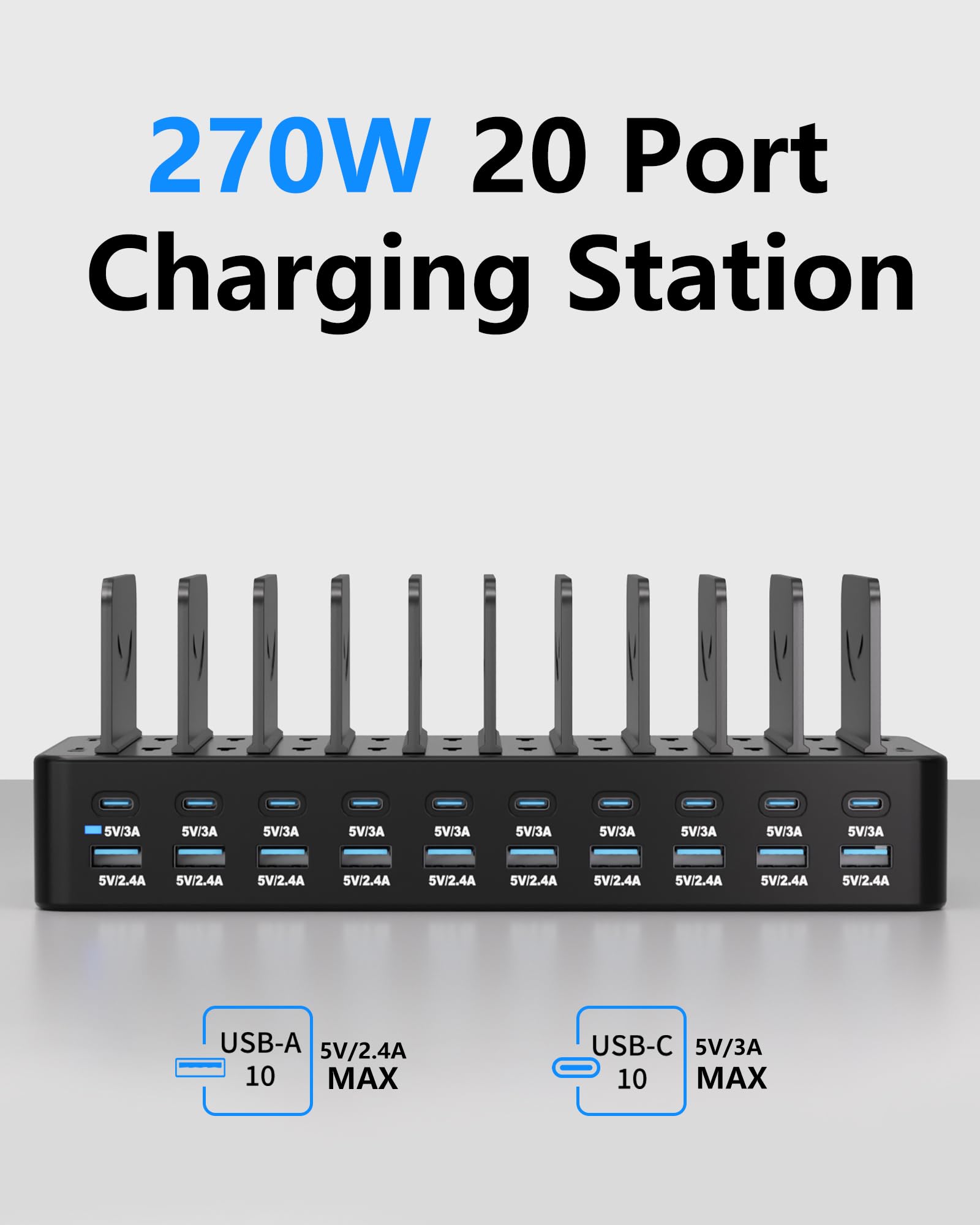 Estación de carga de 270 W para múltiples dispositivos, estación de carga rápida USB de 20 puertos con divisores ajustables y 10 cables, base de carga organizadora de múltiples dispositivos para