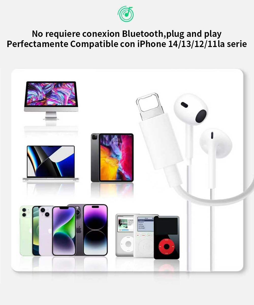 Genérico Auriculares para iPhone,Cascos Cable con Aislamiento de Ruido Soporte Control de Volumen de Llamadas,Compatible con iPhone 11/12/13/14/X/XS/XR/8/7 Plus,Soporta Todo el Sistema iOS — view 7