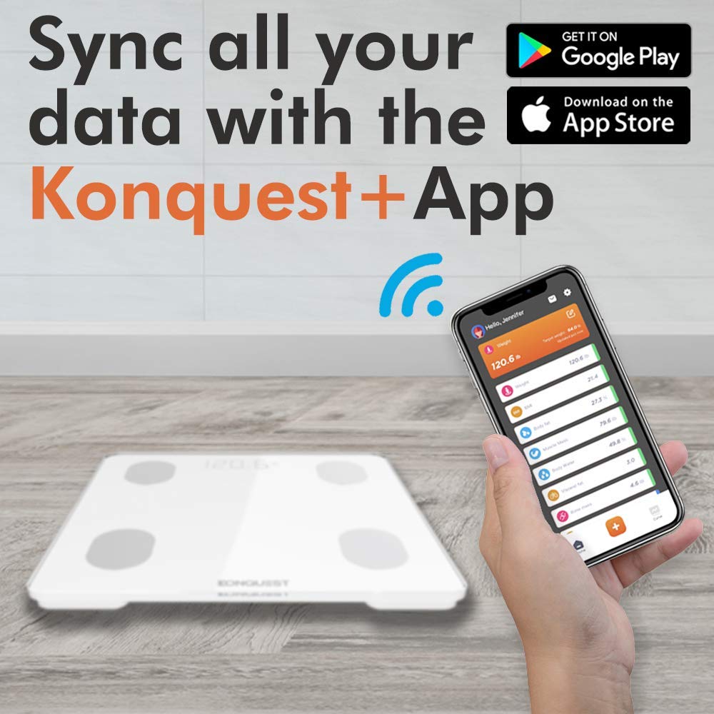 Konquest Báscula de baño digital inteligente, inalámbrico, Bluetooth, BMI, peso corporal, grasa, analizador de composición corporal con aplicación para smartphone (400 libras) (blanco)