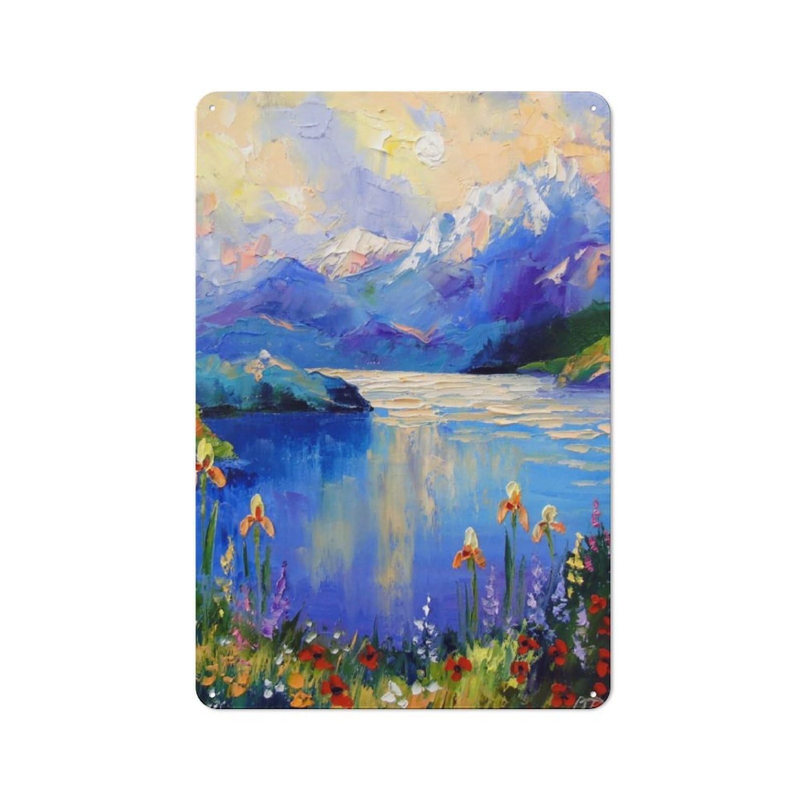 Junmoney Flowers On The Lake By The Retro Metal Plaque 30X20cm For Lounge Or Reading Corner, Winter Wall Decor For Reading Corner Decorators