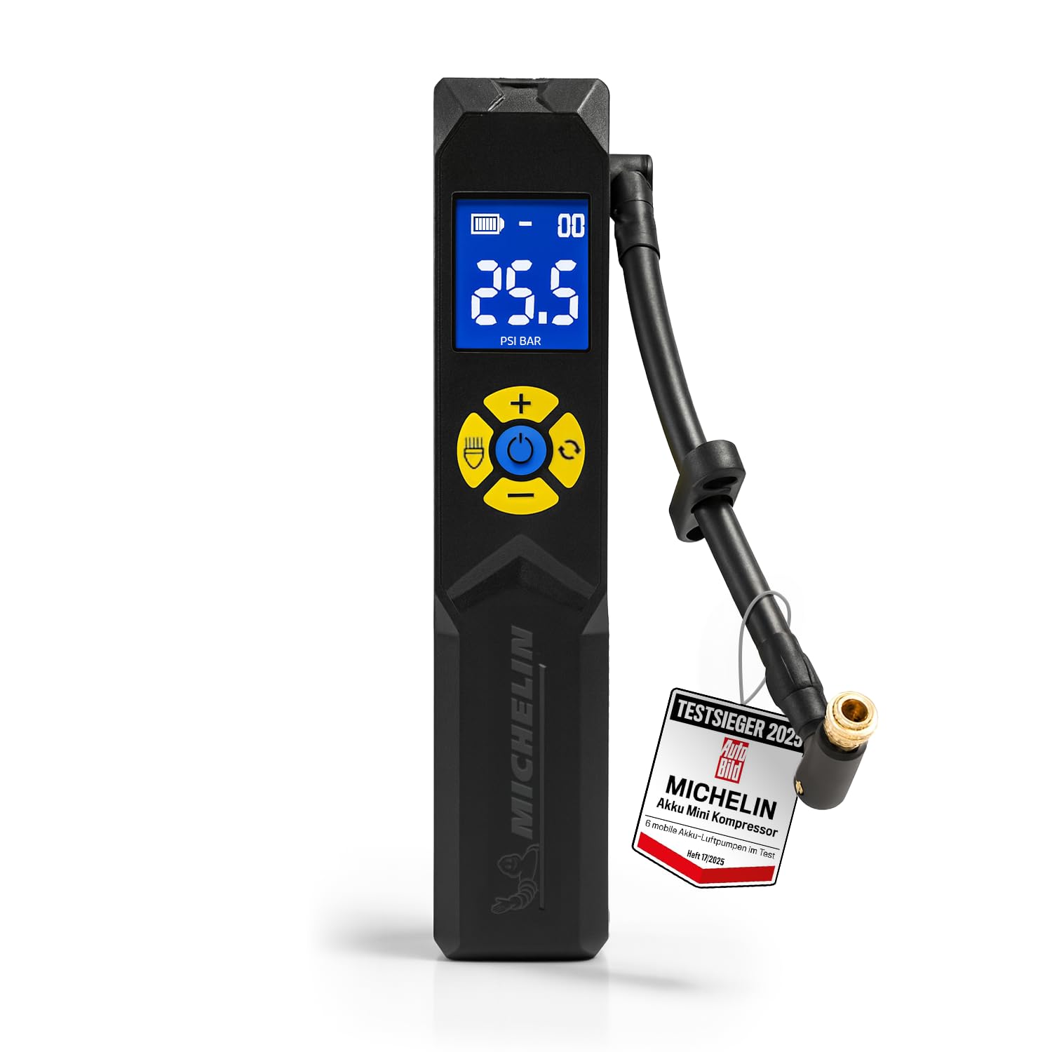 MICHELIN Akku Mini Kompressor 10 Bar – Tragbar & Digital | Perfekt für Auto, Fahrrad, E-Bike, Motorrad, Wohnwagen & Anhänger | 150 PSI, 7,4 V /2500 mAH | LCD-Display, LED-Licht