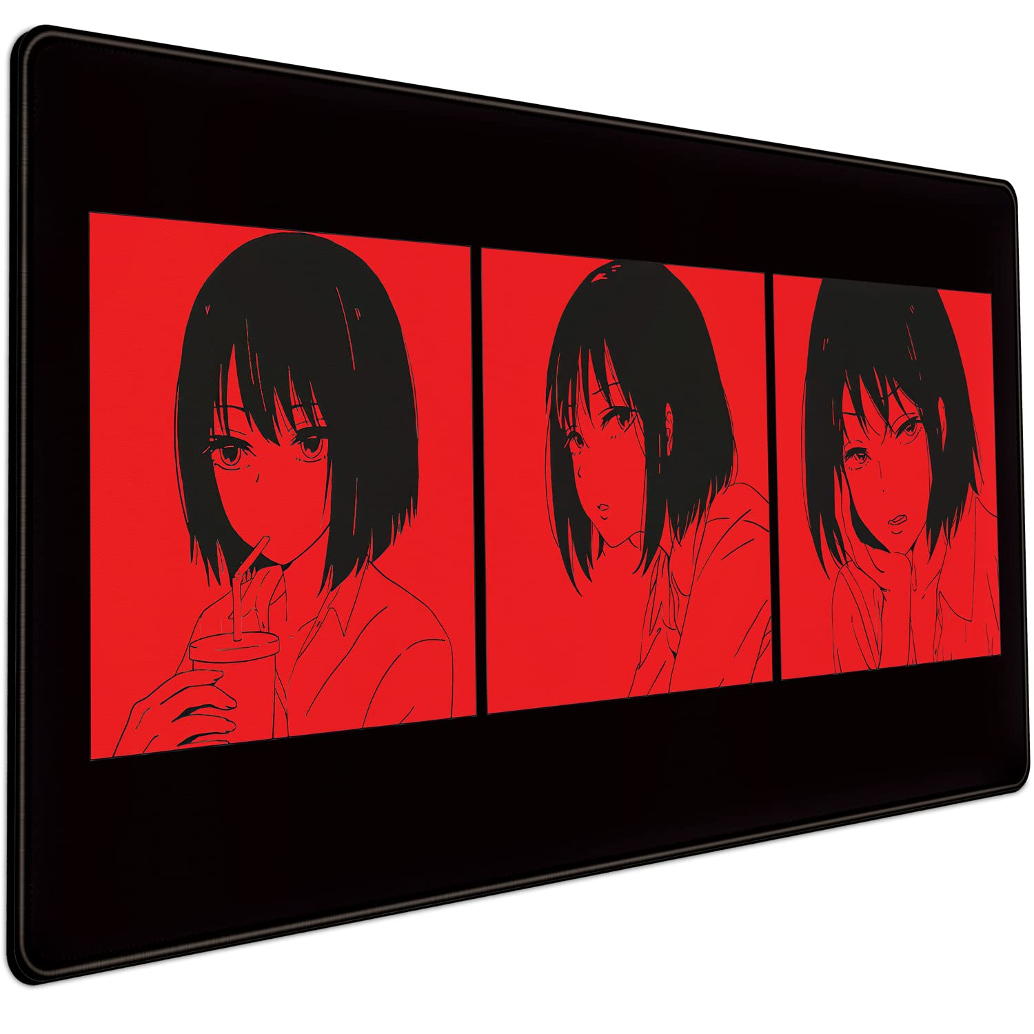Red Black Manga Girl Desk Mouse Pad Anime Deskpad Cute Gaming Mouse Pad Kawaii Desk Pad Large Decor Computer Mat for Desk Blotter Pad, (31.5x15.7 in) with Stitched Eges Non-Slip Base Mouse Pads Mat