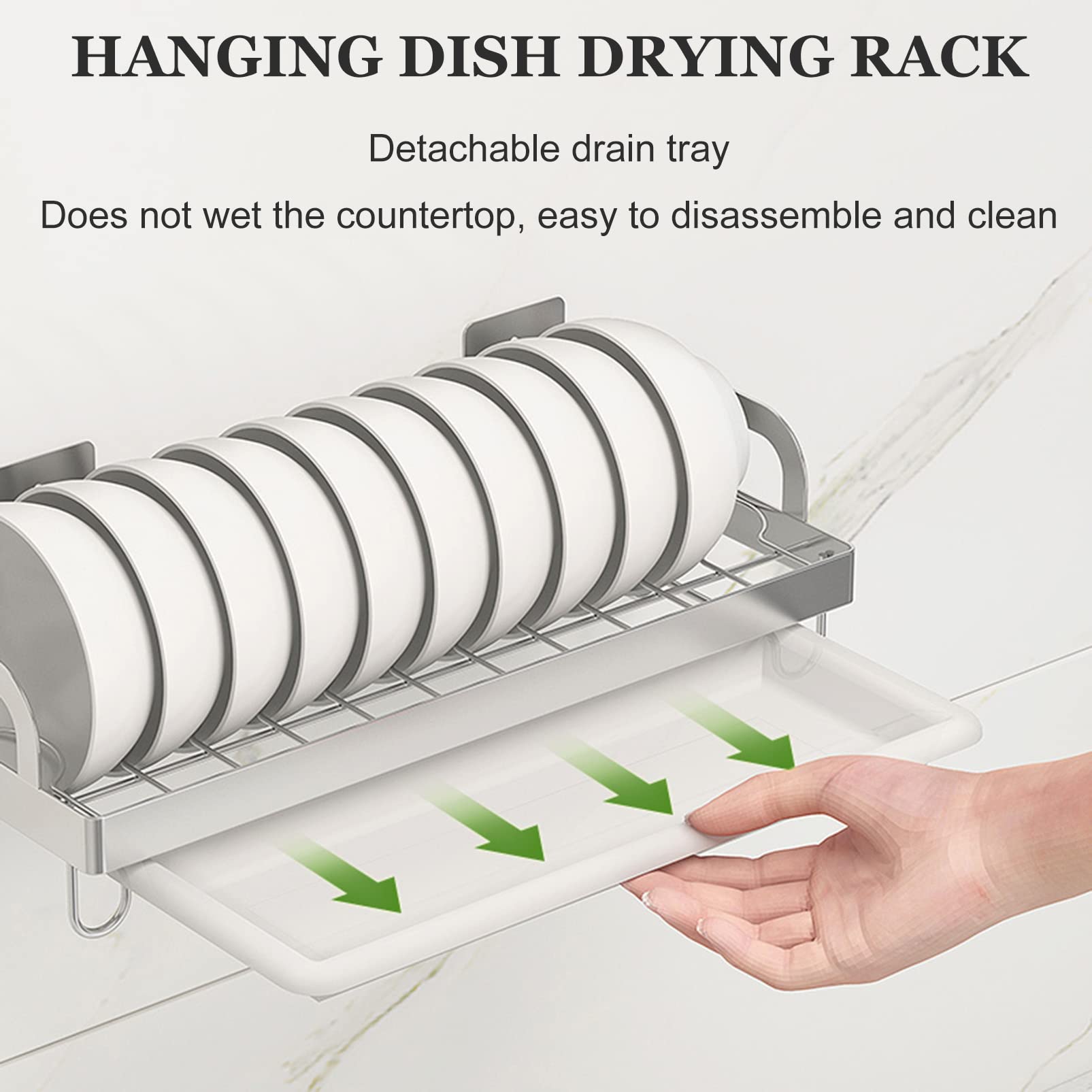 Escurridor de platos de acero inoxidable con soporte para cubiertos de pared y bandeja de drenaje para un almacenamiento y organización eficientes de la cocina
