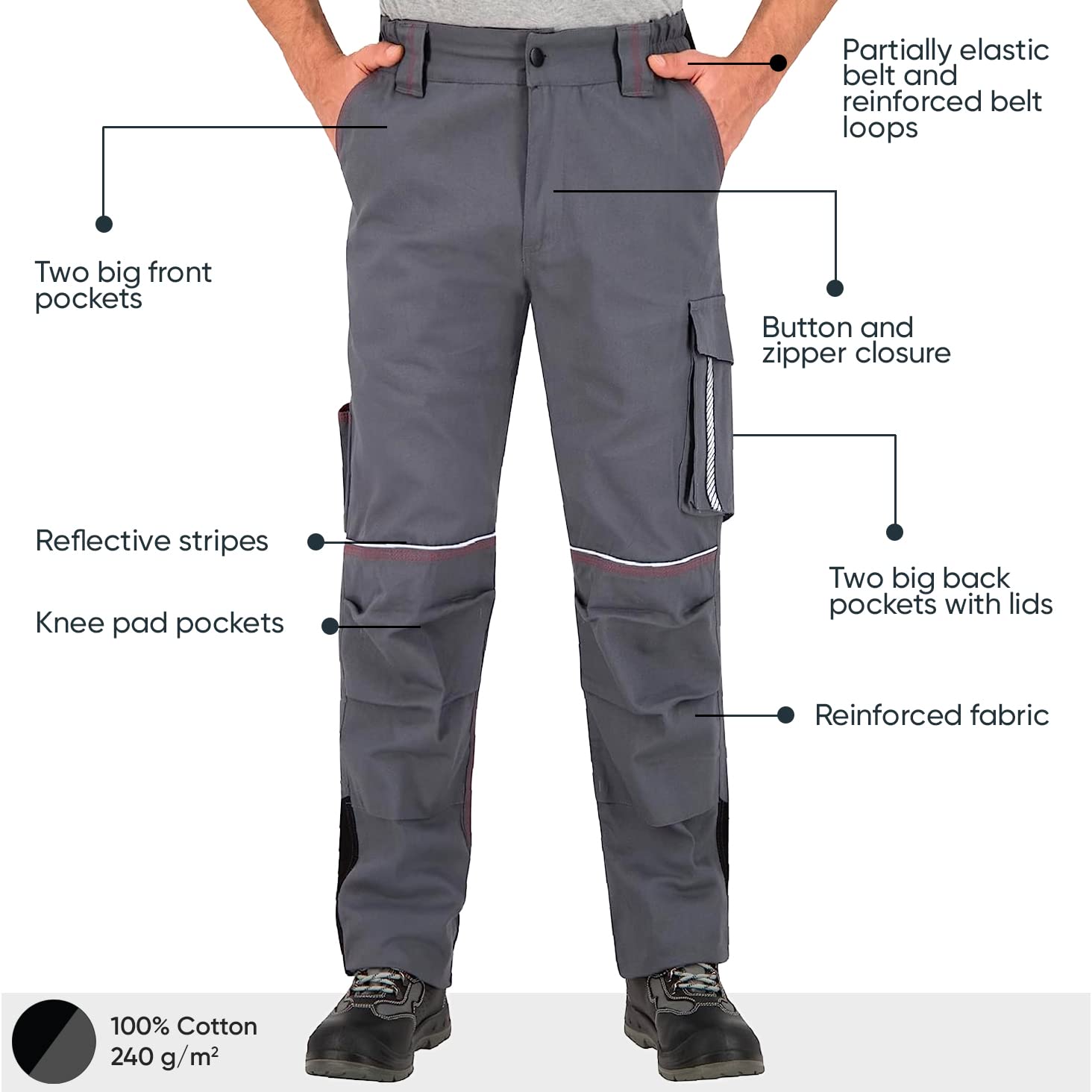 BWOLF Raptor 100% Algodón Pantalones de Trabajo para Hombre con Bolsillos multifuncionales, Rodilleras, Rayas Reflectantes