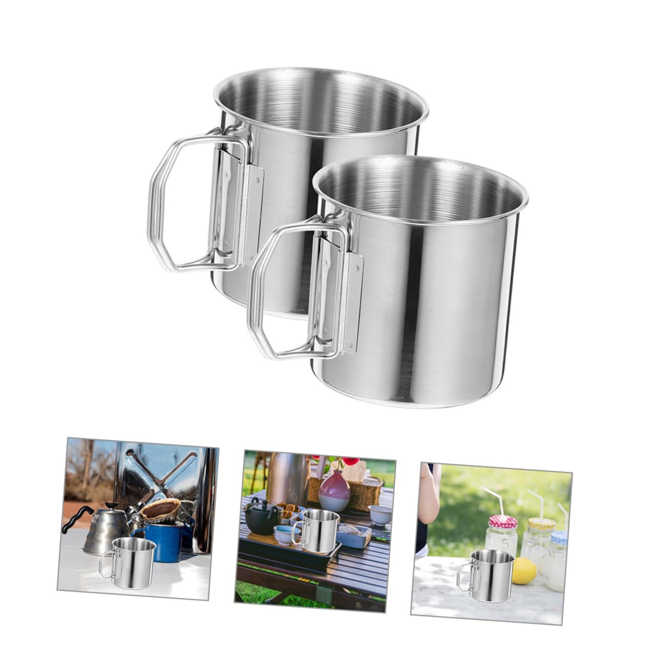 Taza para Beber con Asa Plegable 2 Piezas de Acero Inoxidable Plata